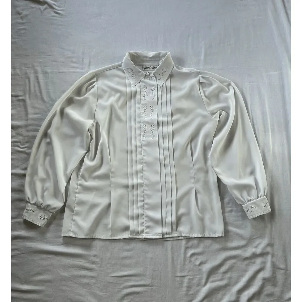 Yves St. Clair Pleated White Long Sleeve Collared Blouse, Size 14, Button Down - Picture 1 of 10